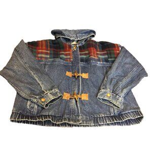Braetan Denim Hooded Jacket Size Large Wool Patch Toggle Closure Retro 90s